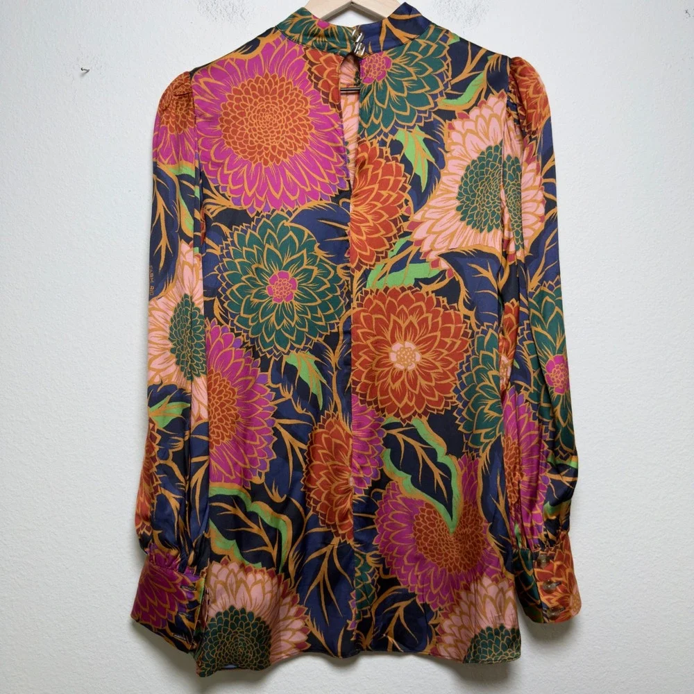 Farm Rio Women Top Small Multicolor Vintage Garden Satin Mock Neck Puff Sleeve